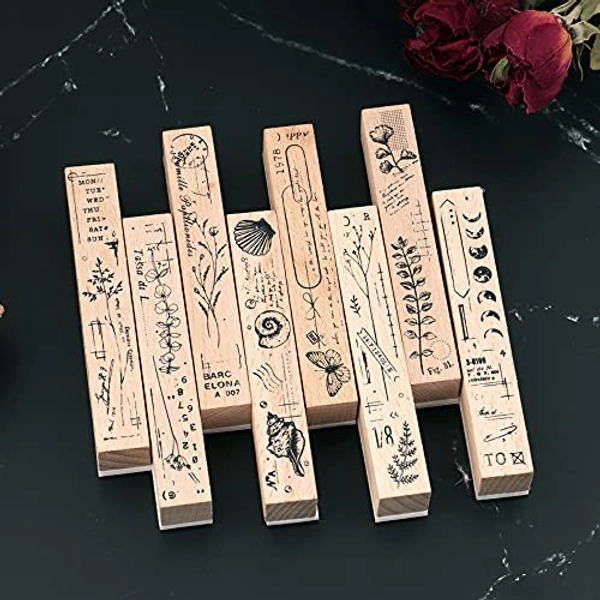 Lychii Holzstempel zum Basteln, 8PCS Holz Gummidichtung mit Natürliche Elemente Mustern Montierte Streifen Briefmarken für Heimwerker, Zeitschriften, Tagesplaner, Geschenkverpackungen