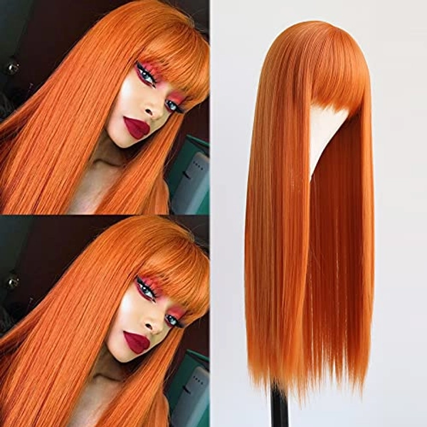 Towarm Lange gerade Perücke mit Pony, synthetische Perücke ohne Lace-Front für Damen, natürlicher Mittelscheitel, maschinell hergestellt, für Cosplay, Alltag, 61 cm, Orange