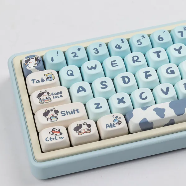 Cute Blue Cow Theme PBT MOA Gradient Keycap Set for Mechanic Keyboard, MOA Profile, Dye-Sub Process, Mx Switches, 141pcs