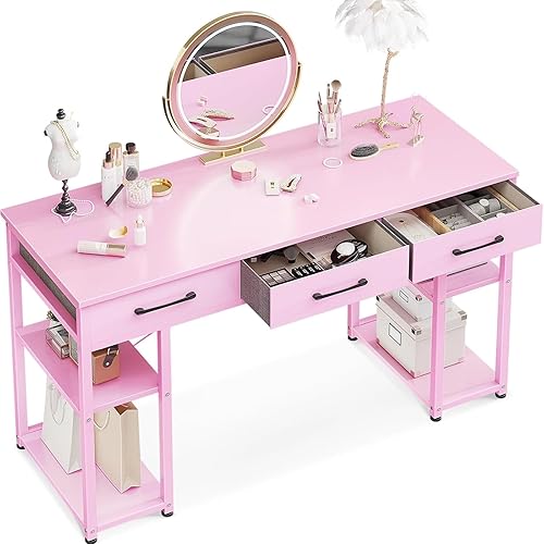 ODK Vanity Desk with Fabric Drawers & Storage Shelves, Makeup Dressing Table, Home Office Desks for Bedroom, Modern Simple Writing Desk,Pink, 48"x16" (No Mirror - Pink (No Mirror) - 48 Inch