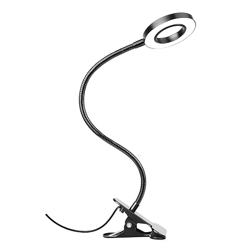Woputne Desk Clip on Lamp for Reading Home Office, 10 Dimmable Brightness 3 Modes, Clamp Light for Bed Headboard, Craft - Black