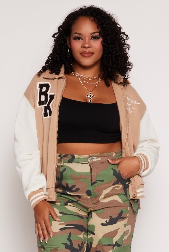 Plus Size BK Graphic Zip Front Letterman Jacket | 3X
