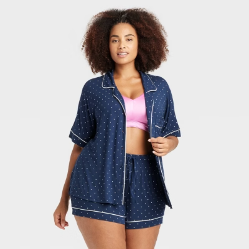 Women's Polka Dot Cloud Knit Short Sleeve Top and Shorts Pajama Set - Auden™ Navy Blue 3X