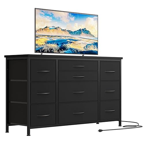 Jojoka Wide Dresser with 10 Large Drawers for 55'' Long TV Stand with Power Outlet Entertainment Center, Storage Fabric Drawer Unit for Bedroom, Closet, Entryway, Sturdy Metal Frame, Black - Black
