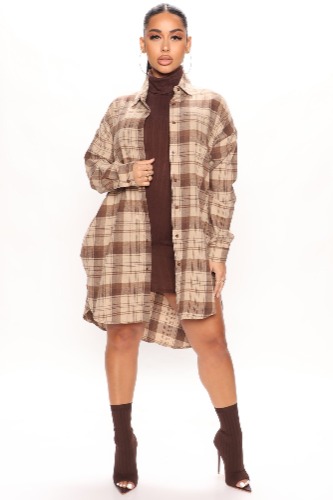 Call It Even Over Sized Plaid Top - Brown/combo