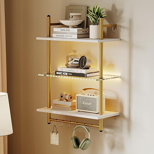 Bestier 24” Floating Shelves with LED Lights for Wall, 3 Tier Wall Mounted Glass Shelves with 8 Hooks, Coffee Bar Shelf Hanging Display Rack for Living Room Kitchen Bathroom, White & Gold - 24 inch - White