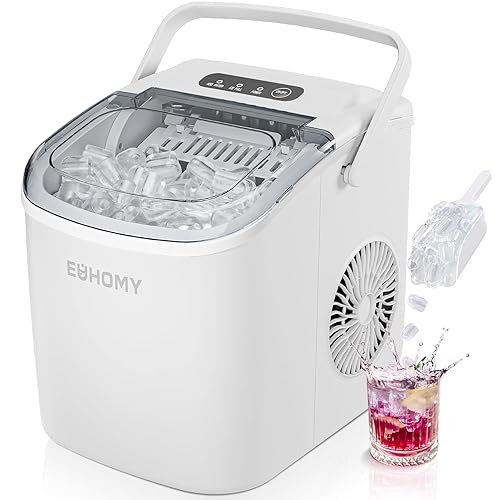 EUHOMY Countertop Ice Maker Machine with Handle, 26lbs Per Day, 9 Ice Cubes Ready in 6 Mins, Auto-Cleaning Portable Ice Maker with Basket and Scoop, for Home/Kitchen/Camping/RV (White) - ICE MACHINE - 11.57"D x 11.42"W x 8.74"H - White