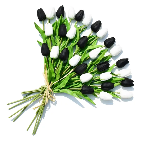 ONLY ART 30pcs Black Artificial and White Tulips Flowers 14” for Home Kitchen Wedding Party Special Event Spring Holiday Decorations