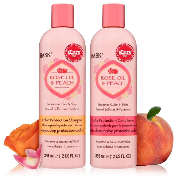 HASK ROSE OIL + PEACH Shampoo and Conditioner Set Color Protecting for all hair types, color safe, gluten-free, sulfate-free, paraben-free, cruelty-free - 1 Shampoo and 1 Conditioner