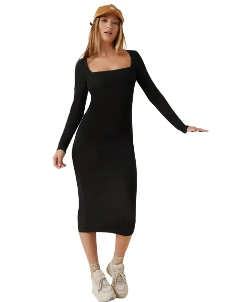 Verdusa Women's Basic Square Neck Long Sleeve Bodycon Pencil Dress