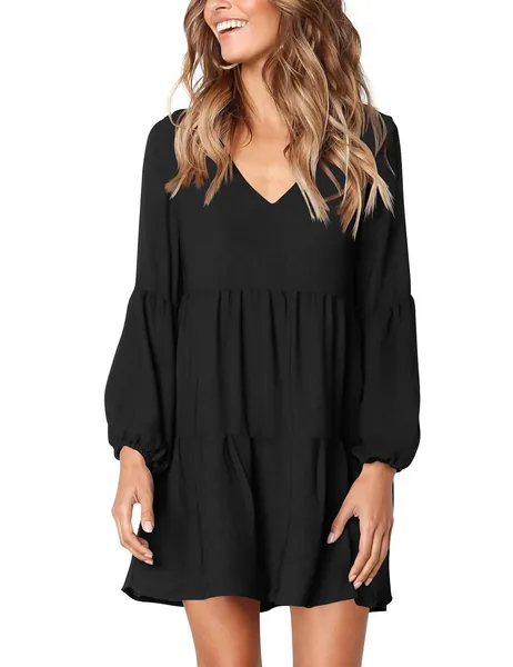 FOWSMON Women's Tunic Dress Cute Printed V Neck Long Sleeve Casual Swing Ruffle Dress