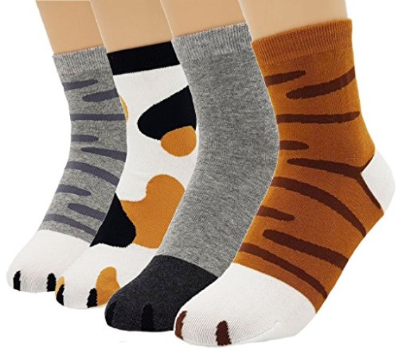 JJMax Women's Cute Kitty Cat Paws Socks with Paw Prints on Toes - Crew 4 Pair Set