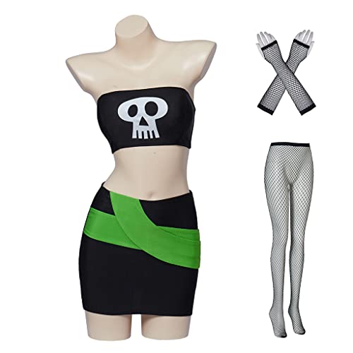 MelangCos Women's Danny Phantom Cosplay Sam Manson Costume Skull Print Sexy Crop Top Mini Skirt Set - Small - Green&black