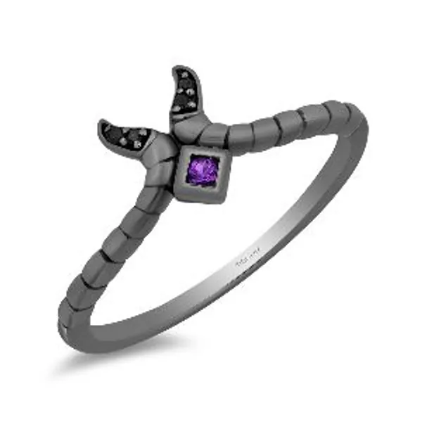 Enchanted Disney Fine Jewelry Black Rhodium Over Sterling Silver Heat Treated Black Diamond Accent And Amethyst Maleficent Villian Ring