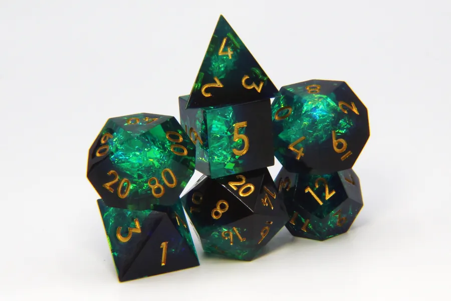 Sharp Edge Dice: Deep Green with Holographic Foil Inclusions! DND Dice Set Tabletop
