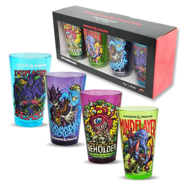 Dungeons and Dragons Monster Characters Pint Glasses, Party Pack 16 Oz Drinking Glass set of 4 - 