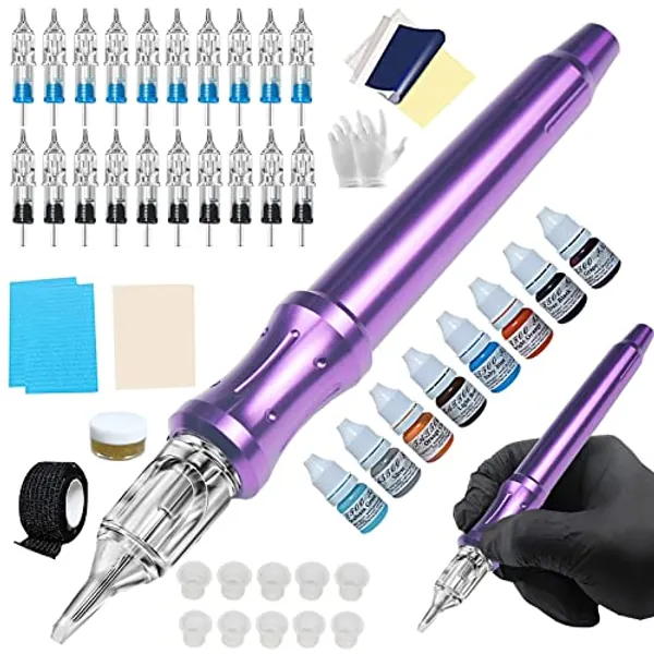 Chiitek Tattoo Kit Handpoke Tattoo Manual Kit 20PCS Tattoo Cartridge Needles,Hand Tattoo Kit Complete DIY Tattoo Tool Kit with Ink Purple