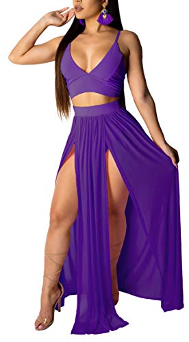 Women Sexy 2 Piece Outfits Dress Chiffon Strap Deep V Neck Bra Crop Top High Split Maxi Dresses Skirt Set - Large - Purple