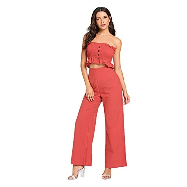 Floerns Women's Strapless Tube Top and Pants Two Piece Set Rust L