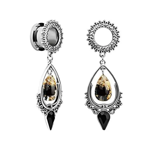 
                            TBOSEN Stainless Steel Teardrop Black Obsidian Stone Large Dangle Bridal Plug Ear Gauges Stretching Tapers Screw Fit Tunnels
                        