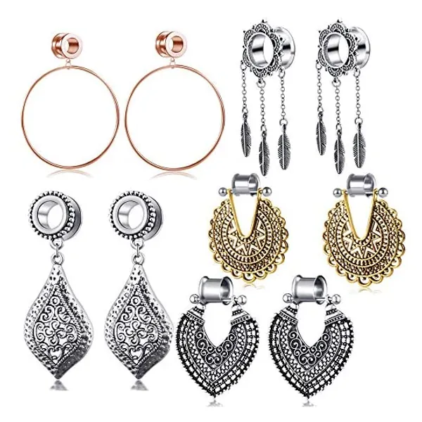 
                            5 Pairs Stainless Steel Ear Tunnels Dangle Plugs for Women Rose Gold Hoop Double Flare Gauges Stretcher 1/2 inch Gauges for Ear
                        