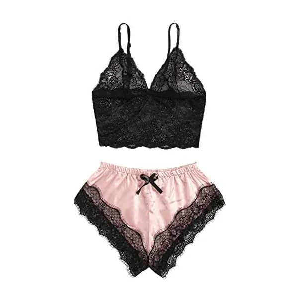 
                            SweatyRocks Women's Lace Cami Top with Shorts with Panties 2 Piece Set Sexy Lingerie Pajama Set
                        