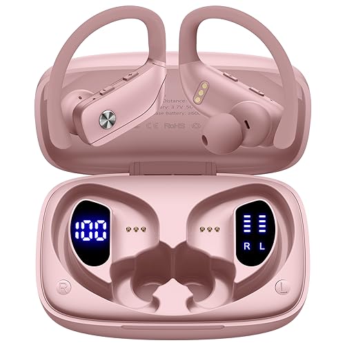 bmani Wireless Earbuds Bluetooth Headphones 48hrs Play Back Sport Earphones with LED Display Over-Ear Buds with Earhooks Built-in Mic Headset for Workout Pink - Pink