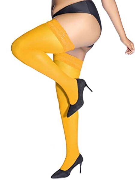 HONENNA Semi Sheer Stay Up Lingerie Plus Size Thigh High Stockings Lace Top Pantyhose for Women