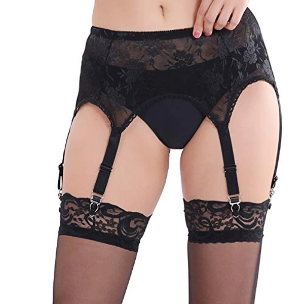 Women Black & White Flower Lace 6 Straps Lingerie Sexy Garters Belt Metal Clips