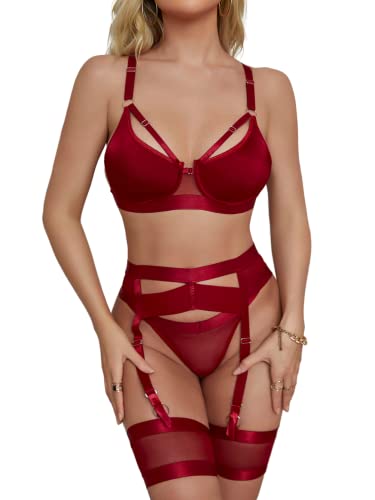 Garter Lingerie for Women,Sexy Lace Lingerie,Sheer Matching 4 Piece Lingerie Set - 8-10 - Burgundy