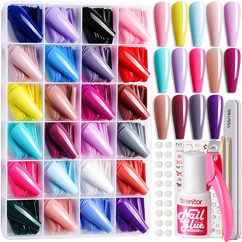 Teenitor Full Cover Color Press On Coffin Nails, 576pcs Fake Nail Tips in 24 Colors, Glue On Long Ballerina False Nails - Glossy Colors
