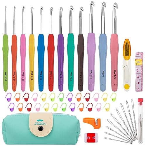 MECHEER Crochet Hooks 12 Sizes Crochet Hook Set, 51 Pack Yarn Crochet Kit for Beginners, Knitting Needles with Ergonomic Handles for Arthritic Hands, Crochet Needle Kit with Blue Case for Crocheters - 12 Pack