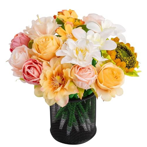 Leery Flower Pens, 15 Pieces Valentine Artificial Rose Pens Mixed Floral Pens Gel Ink Pens Ballpoint Pen with for Birthday Party Wedding Mother Girlfriend Wife Office Supplies (Champagne)