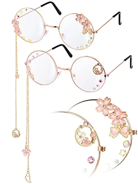 Konohan 2 Pairs Kawaii Glasses With Chain Cosplay Cute Eyeglass Accessories Round Wire Sakura Sunglasses Gothic Pendant Eyeglasses for Women Girls Dressing up, Gold and Rose Gold