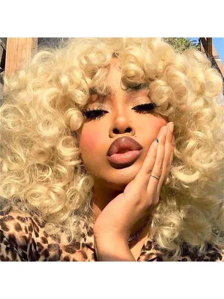 613 Blonde 16 Inch Curly Wigs Short Curly Wig with Bangs Heat Resistant Synthetic Fiber Hair Cosplay Wigs