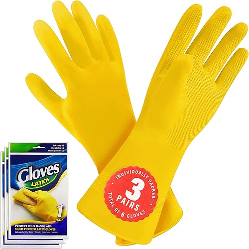 SteadMax 3/6 Pairs Cleaning Gloves, Reusable Natural Rubber Dish Gloves, Non-Slip Gloves for Kitchen and Household Parent - 3 Pack (M)