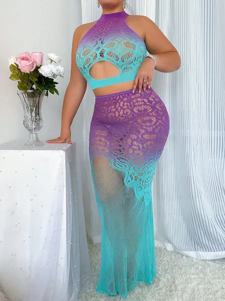 Plus Size Ombre Hollow Out Mesh Bodysuit And Skirt Set