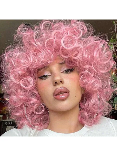 Synthetic Heat Resistant Wigs Bouncy Curls Wigs With Bangs Pink Wig 14 Inch Chemical Fiber Wig Bangs Wig Daily Used Easy To Wear Beginner Friendly Big Bouncy Fluff Curly Wigs