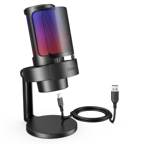 Streaming Gaming USB PC Microphone, RGB Computer Desktop Mic for Recording, Condenser Cardioid Black Mic with Tap-to-Mute, Gain Knob, Monitoring Jack, Light Control for Gamer Youtuber-A8 - Black