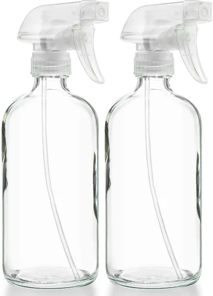 Empty Clear Glass Spray Bottles - Refillable 16 oz Containers (2 Pack)