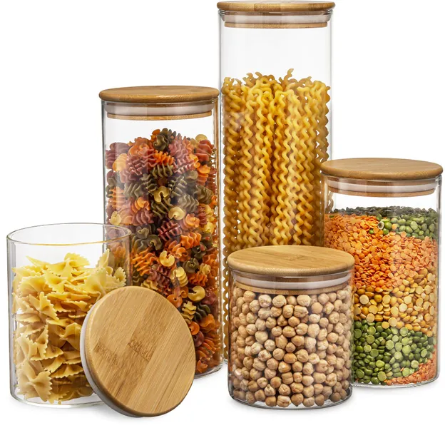 Glass Kitchen Canisters with Airtight Bamboo Lids (Set of 5)