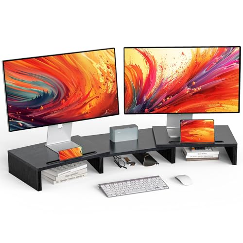 LORYERGO Dual Monitor Stand for Desk, Monitor Stand with 2 Slots for Phone and Tablet, Dual Monitor Riser with Length and Angle Adjustable, Computer Stand for Monitor, Laptop, Tablet (Black) - Black