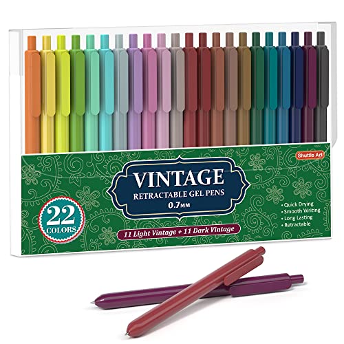 Shuttle Art Colored Retractable Gel Pens, 22 Unique Vintage Ink Colors, 11 Light and 11 Dark Vintage, Cute Pens 0.7mm Point Quick Drying for Writing Drawing Journaling Note Taking School Office Home - 11 Light + 11 Dark Vintage