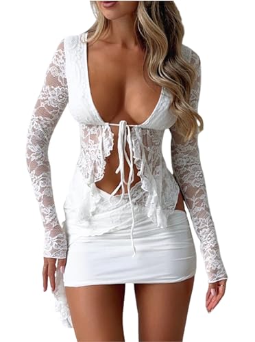 CSDAJIO 2 Piece Outfits for Women Floral Lace Open Front Tie Up Long Sleeve Crop Top Blouse Shirt and Mini Skirt Set - X-Large - White
