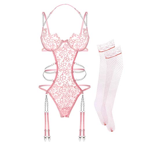 Women Lingerie Set Floral Lace Teddy Strap Chain Babydoll Bodysuit Bra and Panty Set with Garter Belts - Medium - Pink
