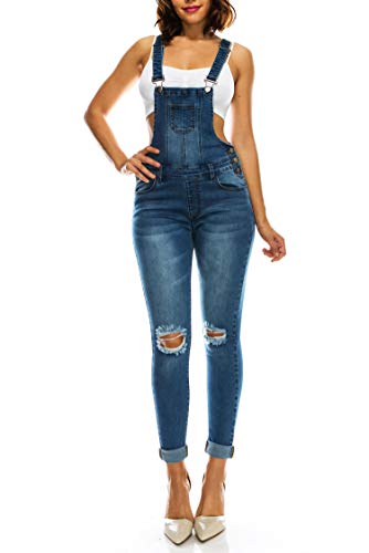 Love Moda Women's Sexy Distressed Slim Fit Skinny Overalls with Spandex - Large - Blue #Luvrjho915