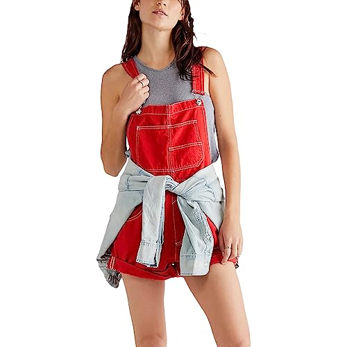 BHGHB Womens Overalls Shorts Denim Bib Adjustable Straps Shorts Casual Solid Color Rolled Cuff Rompers Jumpsuits With Pockets - Large - Red