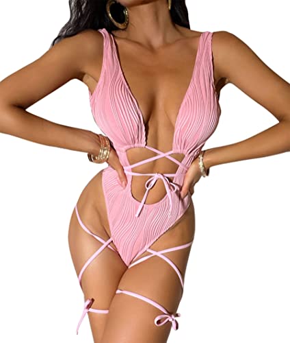 Women Rave Sexy Snakeskin Print Bodysuit Halterneck Swimsuit with Garter Belt - Large - Light Pink