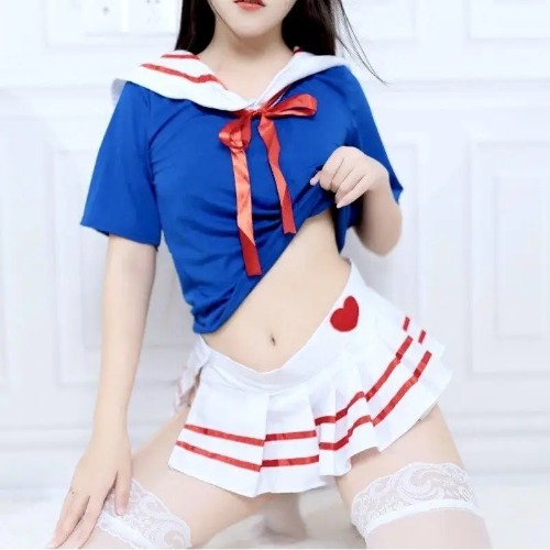 Magical Girl Lingerie Set with Lace Collar in Nautical Blue and White - Outfit With Stockings