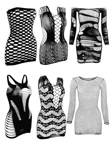 LEMON GIRL 6 Pieces Women's Fishnet Lingerie Top Mesh Babydoll Chemises Dress,General Size - Black
